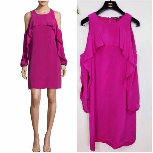 KOBI HALPERIN | Silk Cold Shoulder Cascade Ruffle Dress in Dragon Fruit Medium - Picture 2 of 7